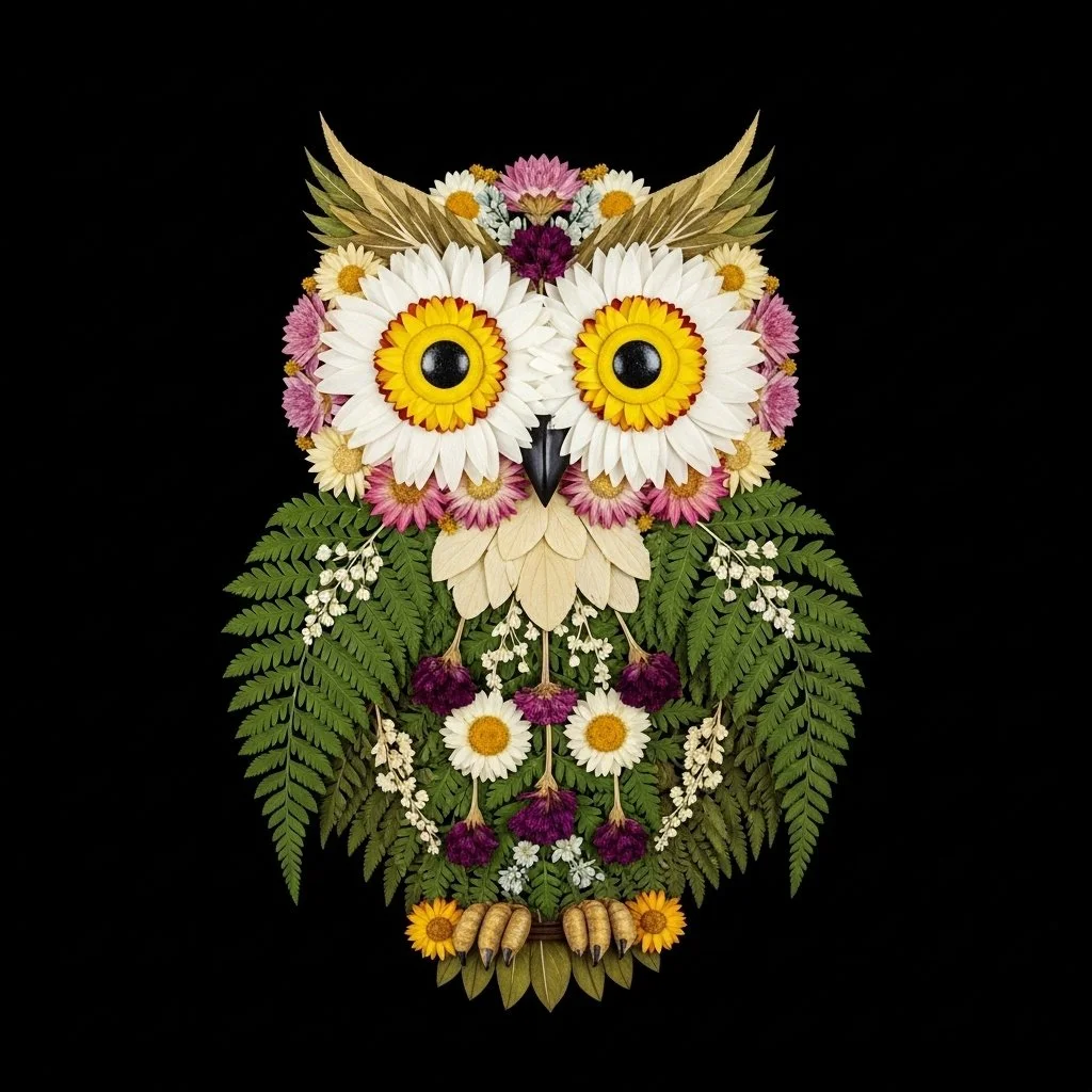 Pressed Flower Owl Art