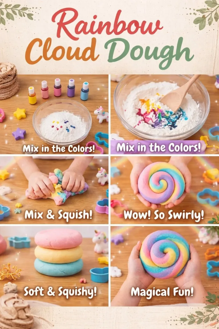 Colorful rainbow cloud dough for sensory play and creative activities.