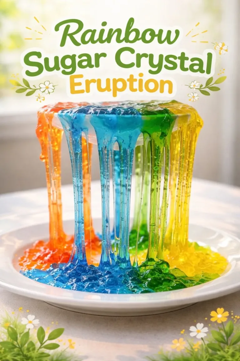 Vibrant rainbow sugar crystal eruption in a glass container