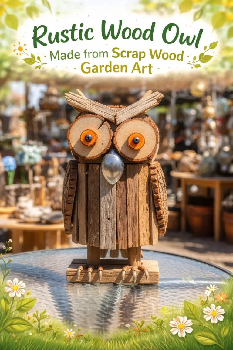 Rustic wood owl garden art made from recycled scrap wood.