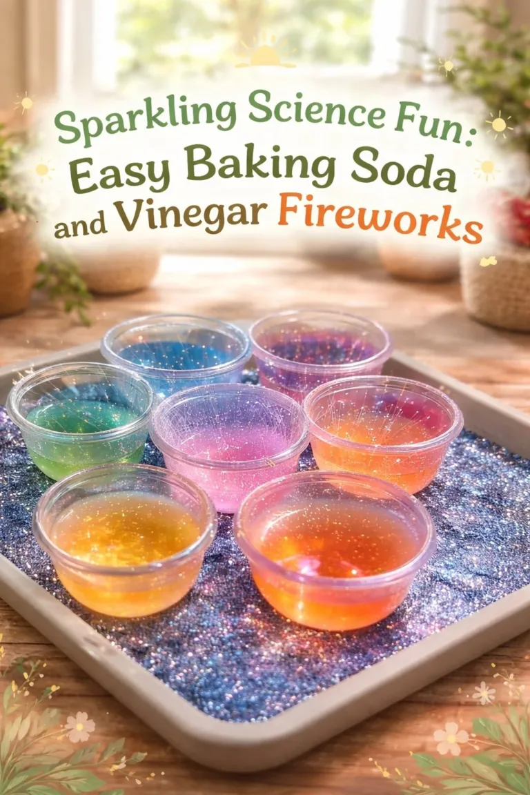 Baking soda and vinegar experiment creating colorful fireworks in a glass.