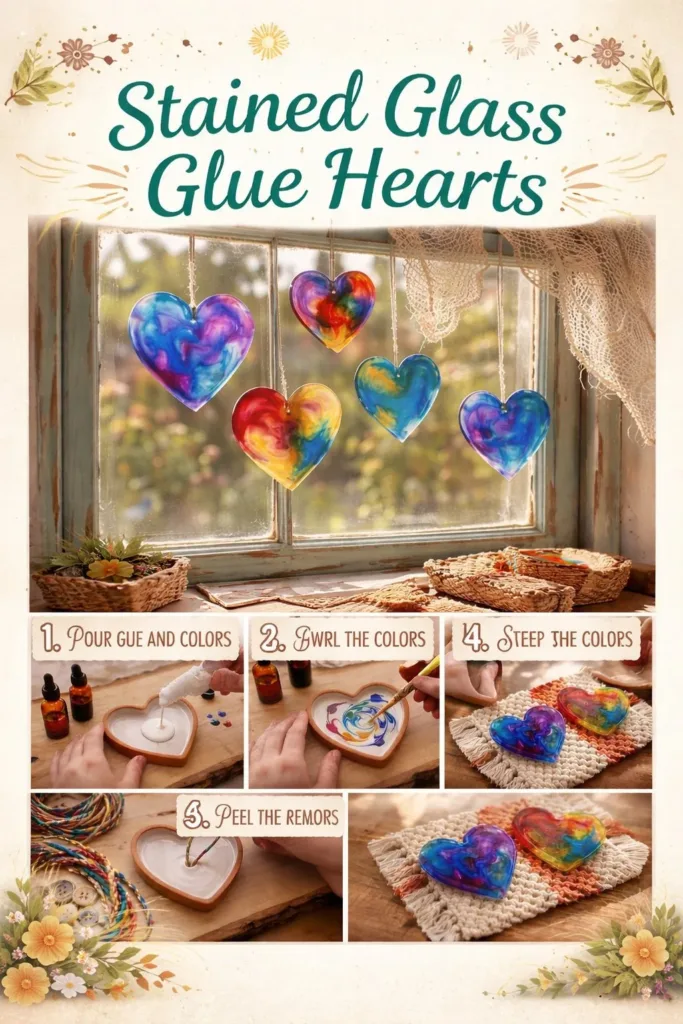 Stained glass hearts created with strong stained glass glue for vibrant designs.