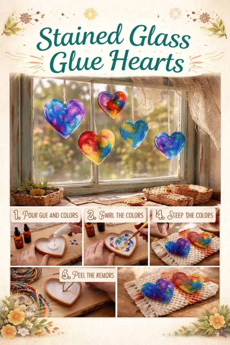 Stained glass hearts created with strong stained glass glue for vibrant designs.