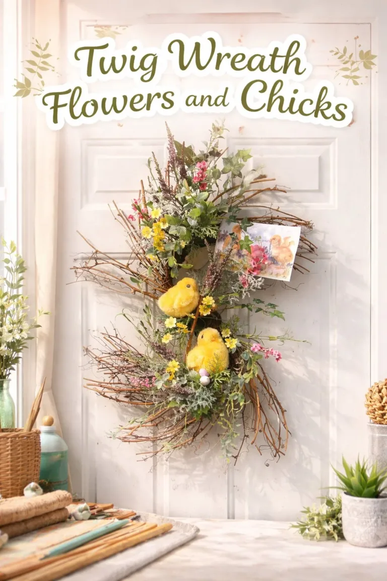 Home 20 Twig wreath decorated with flowers and chicks for spring home decor