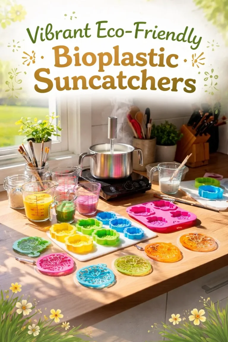 Vibrant eco-friendly bioplastic suncatchers hanging in sunlight