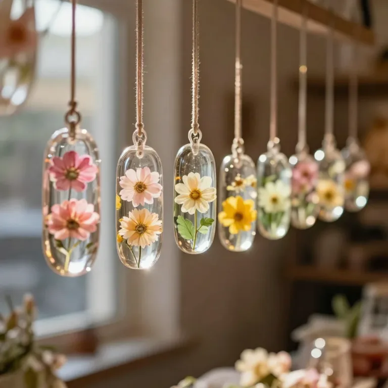 Colorful bioplastic suncatchers hanging in a sunny window, showcasing eco-friendly craft.