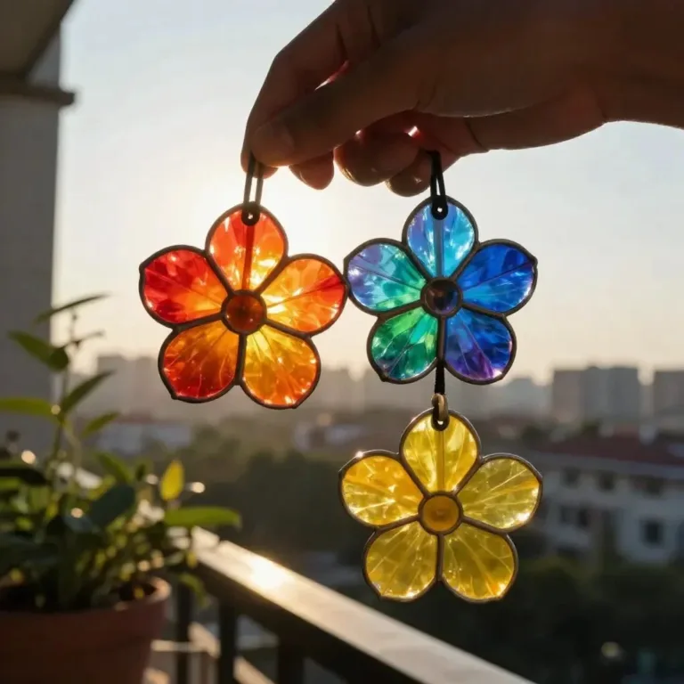 Glowing rainbow flowers made from recycled broken crayons representing eco-friendly art.