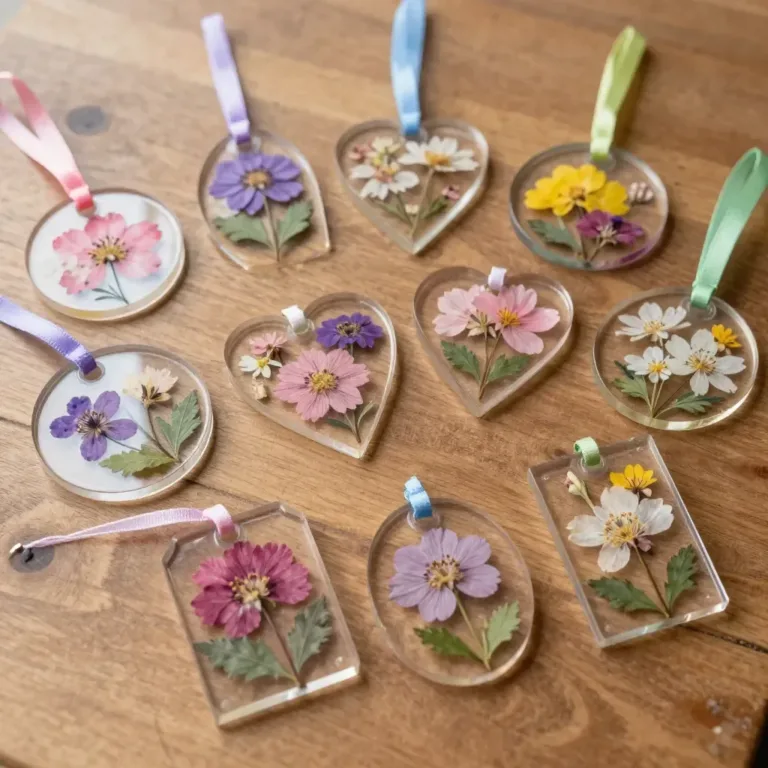 Colorful clear glue flower suncatchers hanging in a sunny window