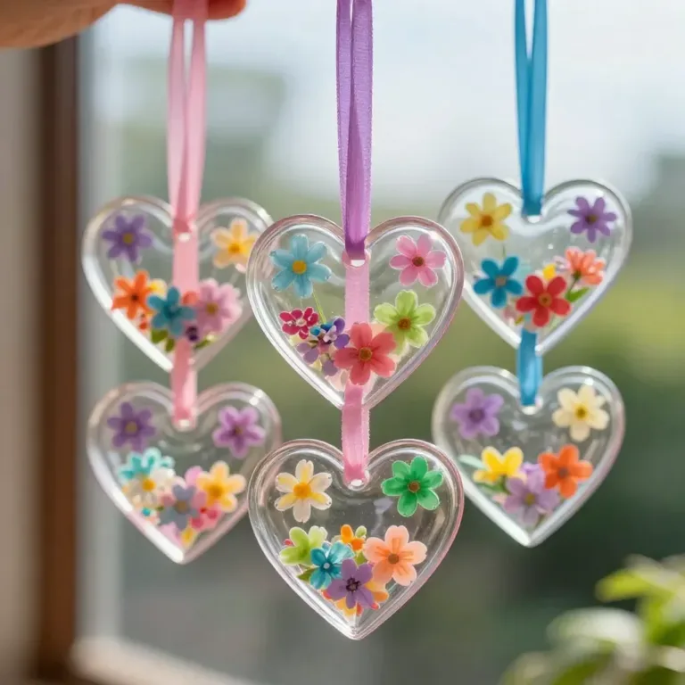 Colorful DIY bioplastic suncatchers hanging in a sunny window