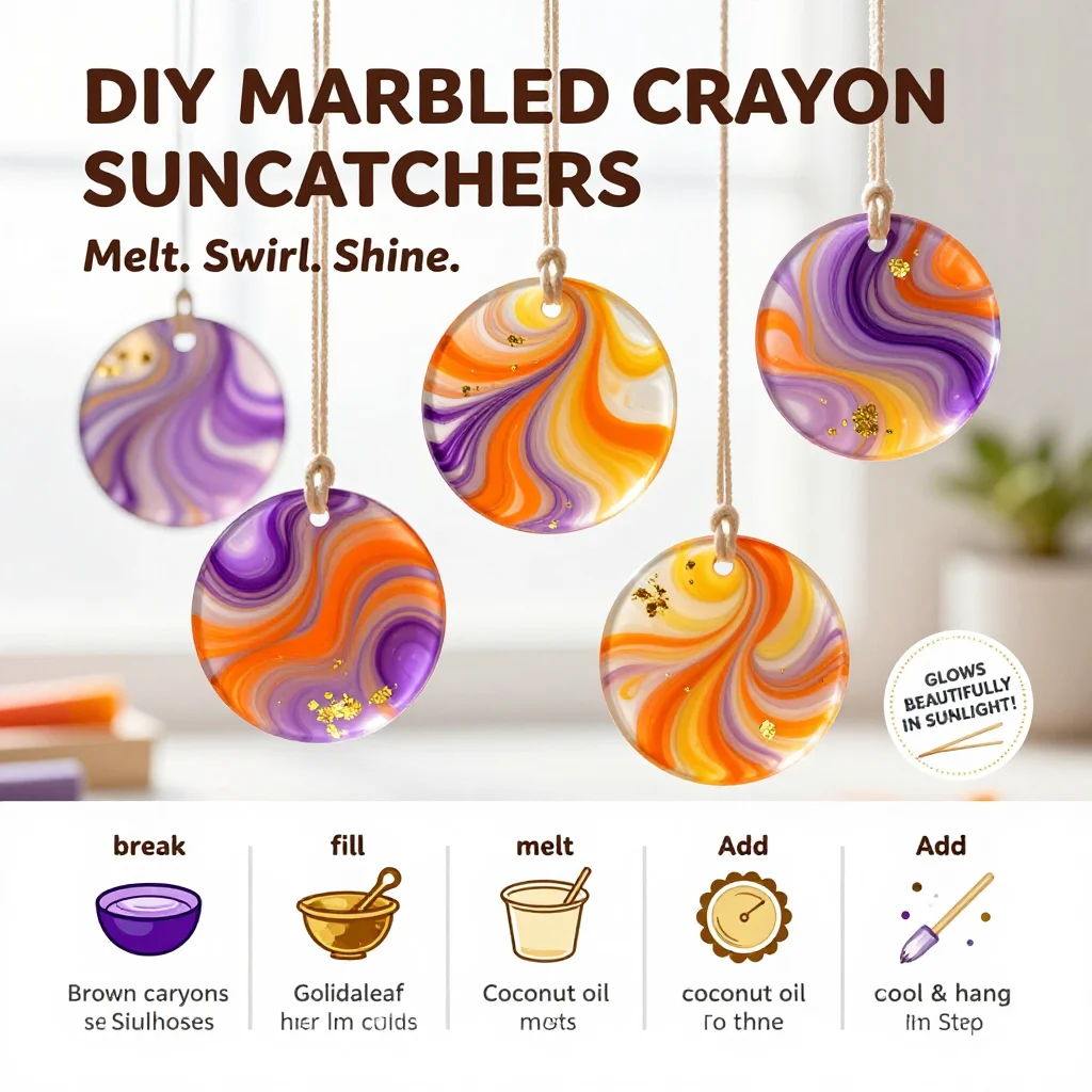 DIY marbled crayon suncatchers melt into vibrant swirling patterns that glow beautifully in sunlight ✨ A colorful and satisfying craft. Save this DIY!