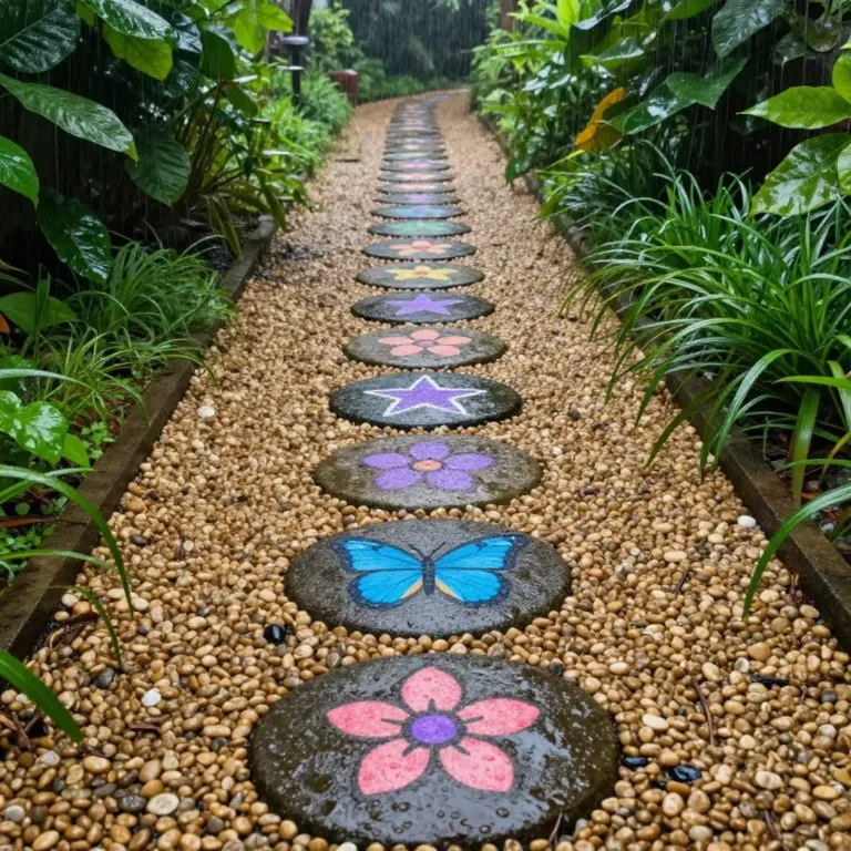 Colorful and creative hidden colors stepping stones in a garden pathway