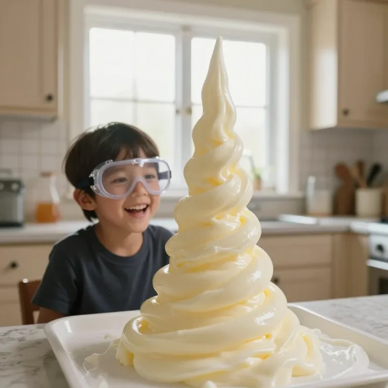 Colorful foam eruption from the Elephant Toothpaste experiment in a cozy setting