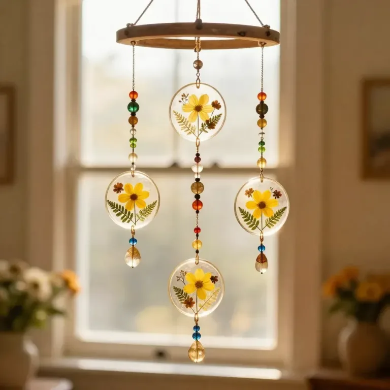 Colorful flower mobiles hanging decoratively in a sunlit room.