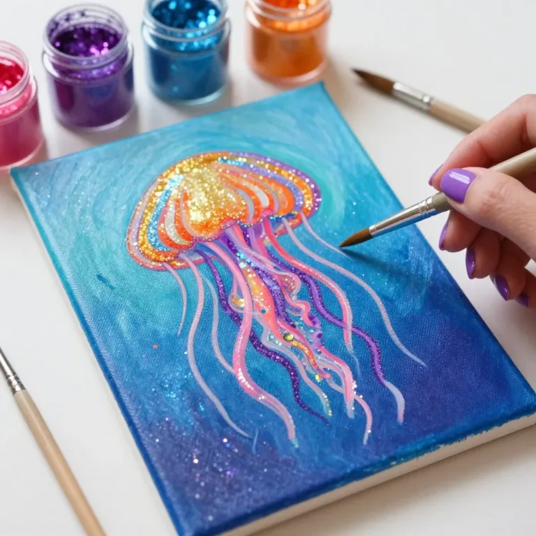 Colorful jellyfish salt painting on textured canvas, a calming art piece.
