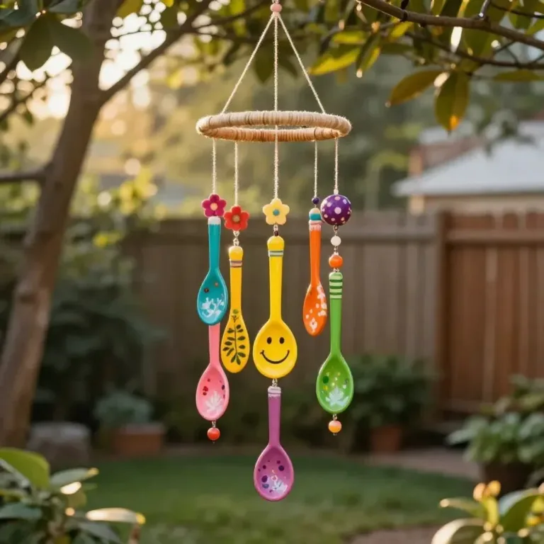 Colorful painted wooden spoon garden chimes adding charm to the garden