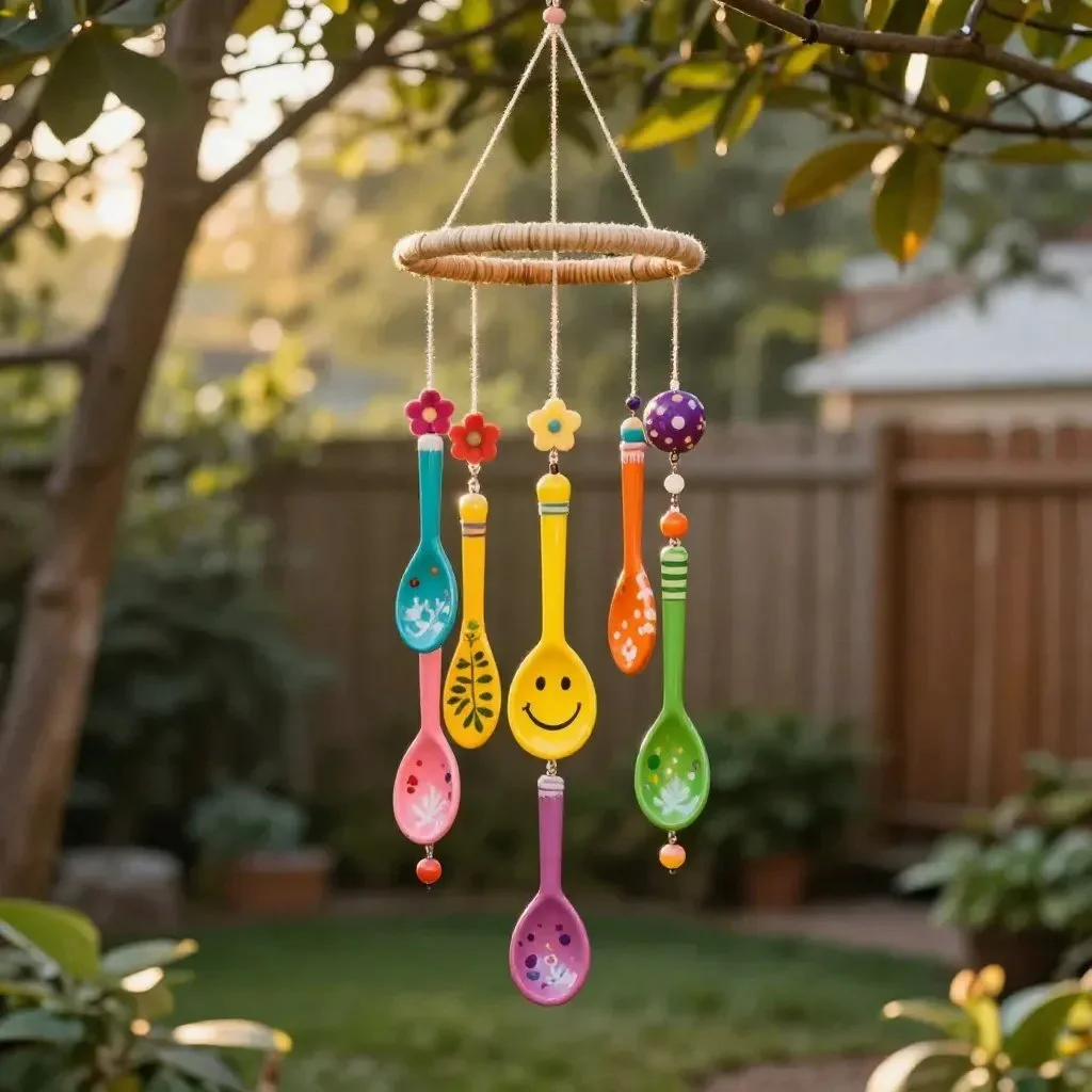 Colorful painted wooden spoon garden chimes adding charm to the garden