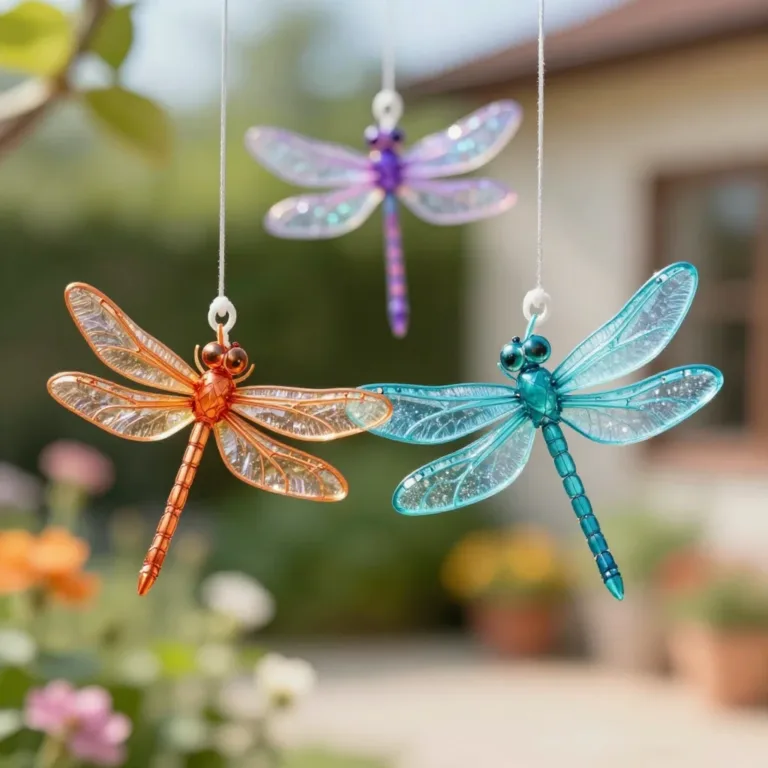 Colorful plastic bottle dragonflies adding charm to garden decor