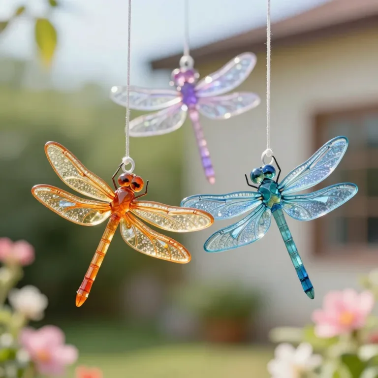 Colorful plastic bottle dragonflies crafted as garden decorations.