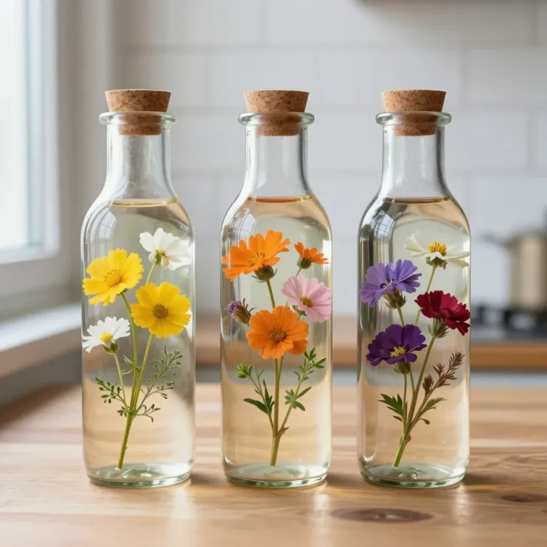 Preserved flowers in oil displayed as beautiful keepsakes.