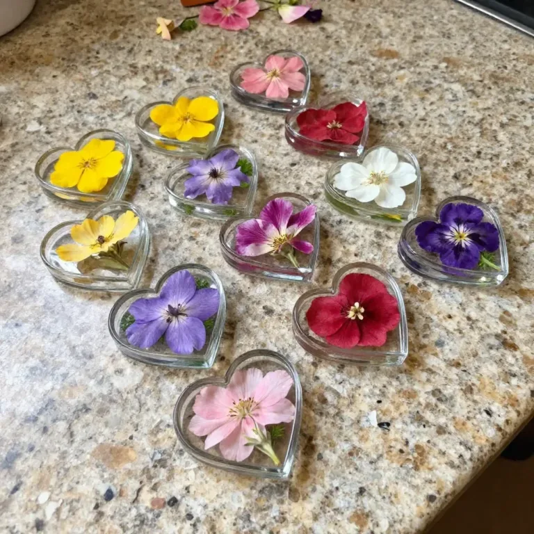 Beautiful pressed flower hearts showcasing vibrant blooms for home decor