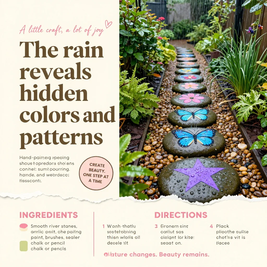 The rain reveals hidden colors and patterns. These stepping stones look plain when dry, but butterflies and flowers magically appear when it rains.
