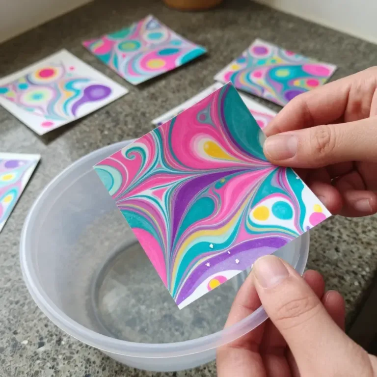 A cozy water marbling craft project with vibrant designs on paper and fabric.