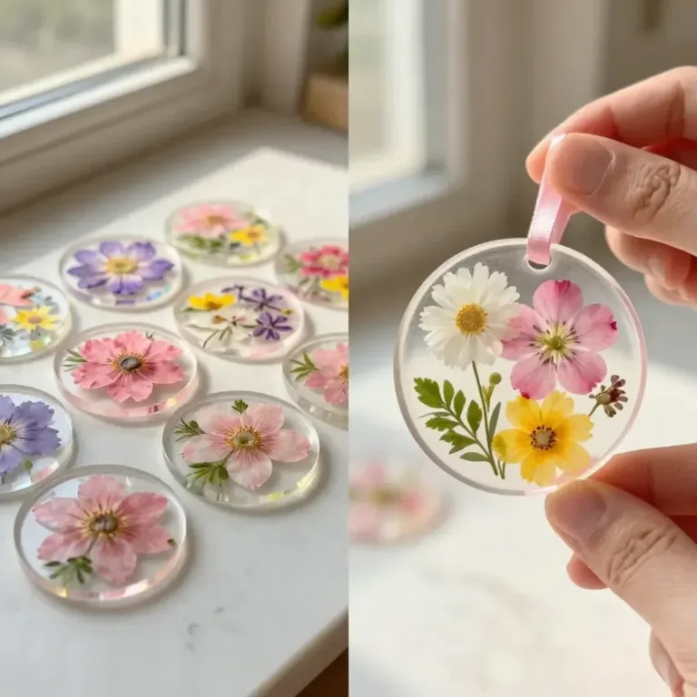 Colorful clear glue flower suncatchers hanging in a sunny window