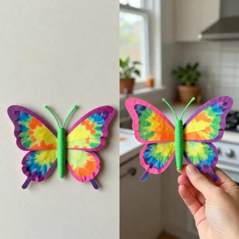 A beautiful coffee filter butterfly decoration in a cozy setting.