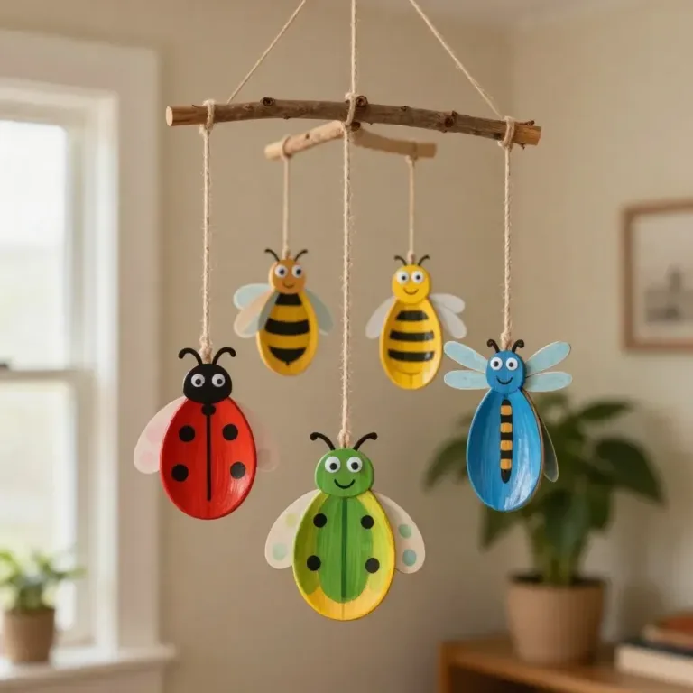 Colorful spoon bug mobile hanging in a cozy nursery.