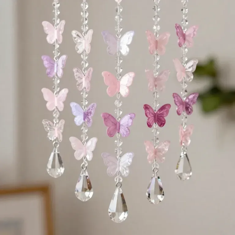 DIY floral crystal wind chime hanging in a garden