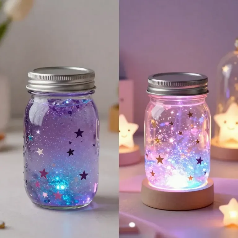 DIY galaxy glitter jar glowing with colors, perfect for home decor and relaxation.
