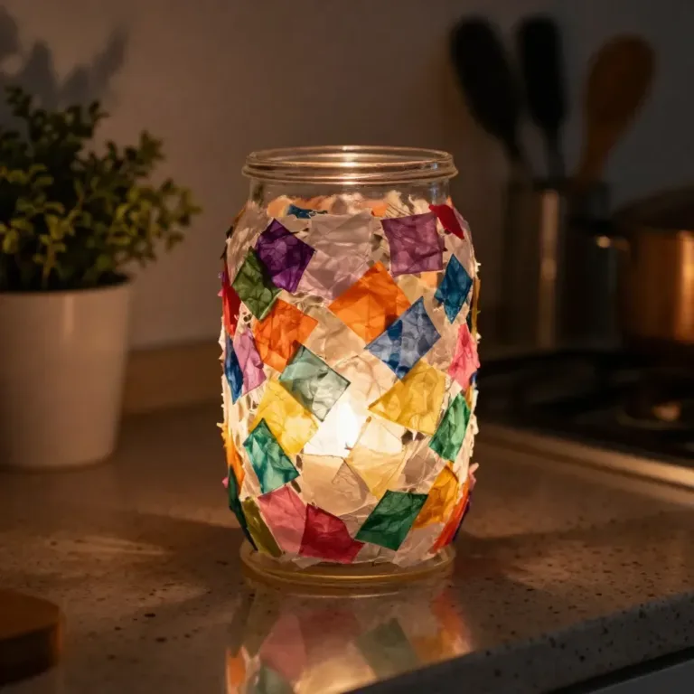 Colorful DIY mosaic milk jug lantern glowing in a cozy setting