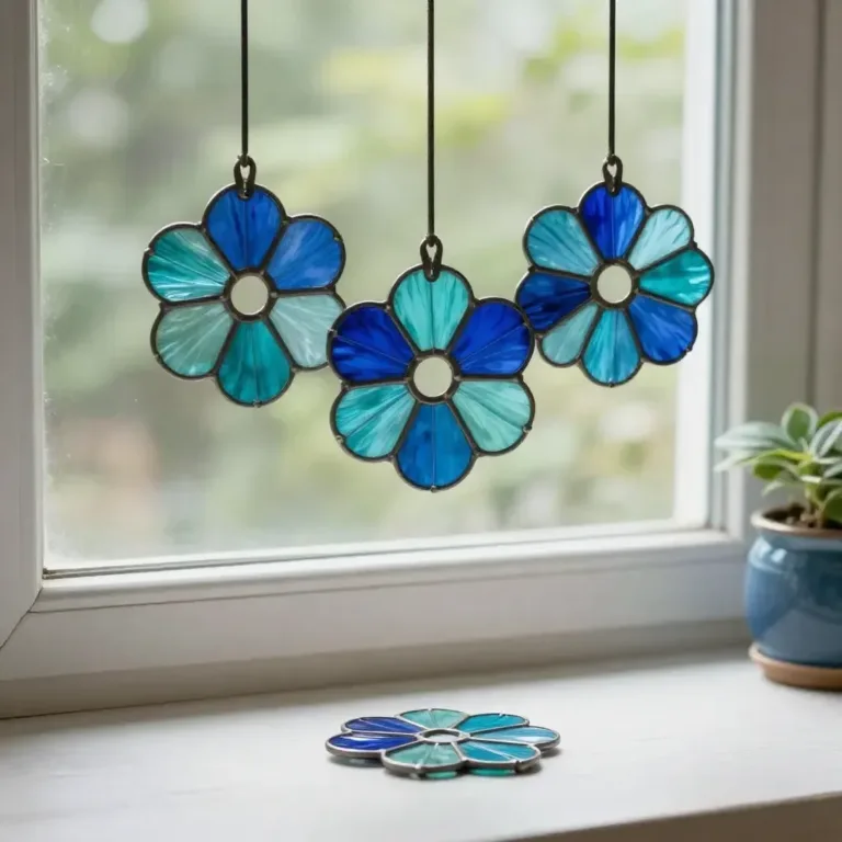 Colorful DIY paper roll flower suncatcher hanging in sunlight