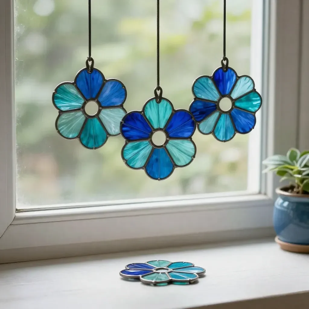 Colorful DIY paper roll flower suncatcher hanging in sunlight