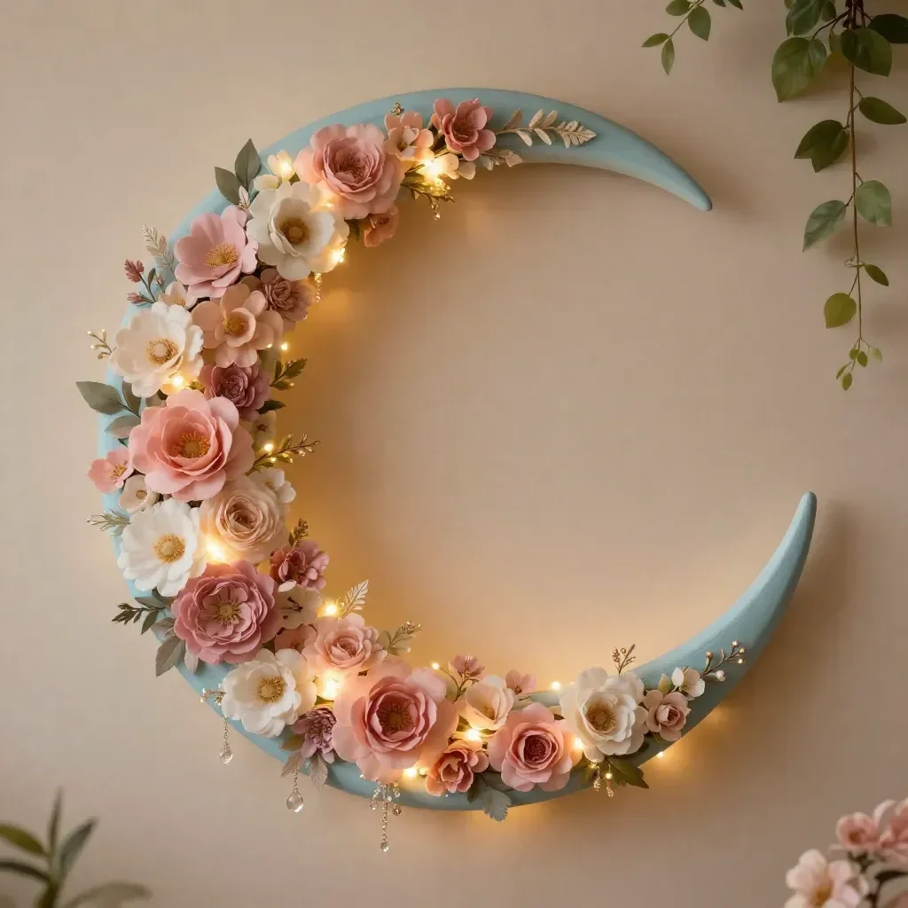 Floral Crescent Moon Wall Hanging