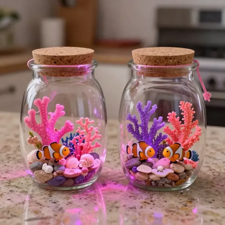Cozy pink glow aquarium jar with vibrant aquatic life inside