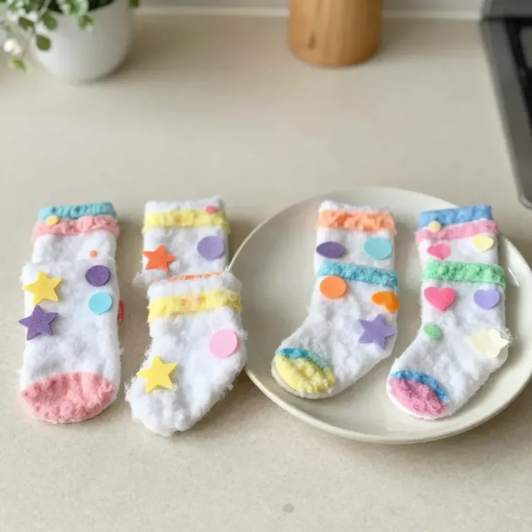 Colorful puffy paint sock art displayed as cozy decorative pieces