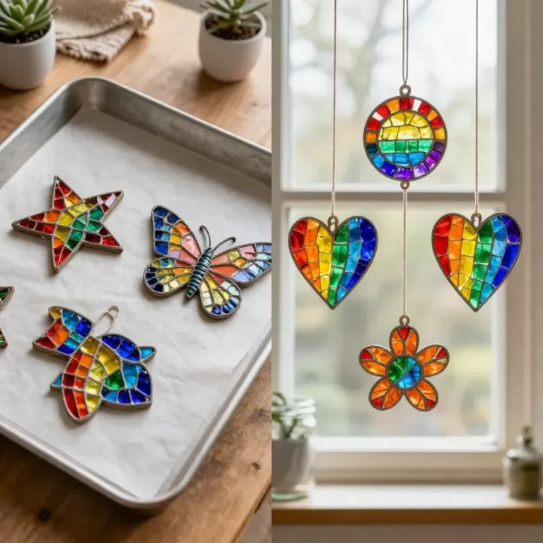 Colorful rainbow suncatchers casting cozy rainbows in a warm interior.