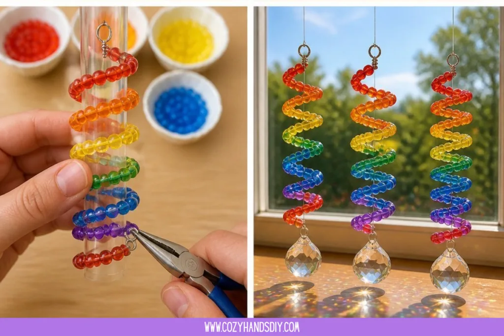 Rainbow Bead Spiral Suncatcher Becomes Cozy