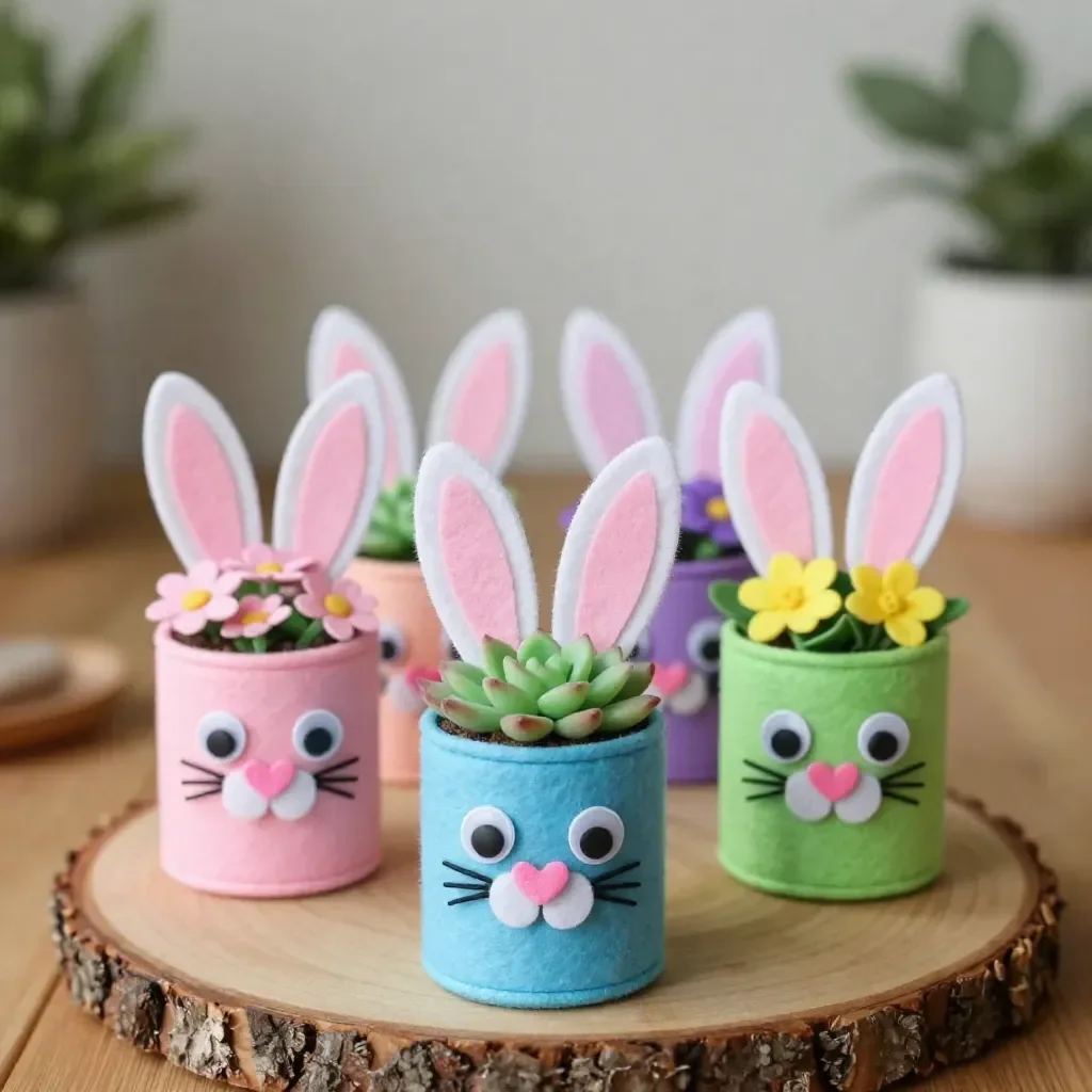 Colorful Bunny Pot craft made from terracotta and decorated with paint and flowers.