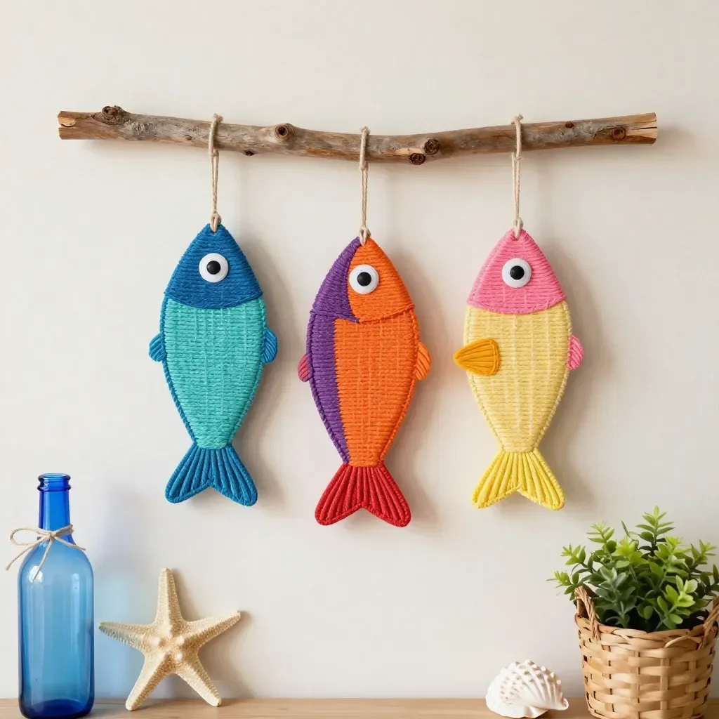 Colorful cardboard and yarn fish decor for a cheerful home atmosphere