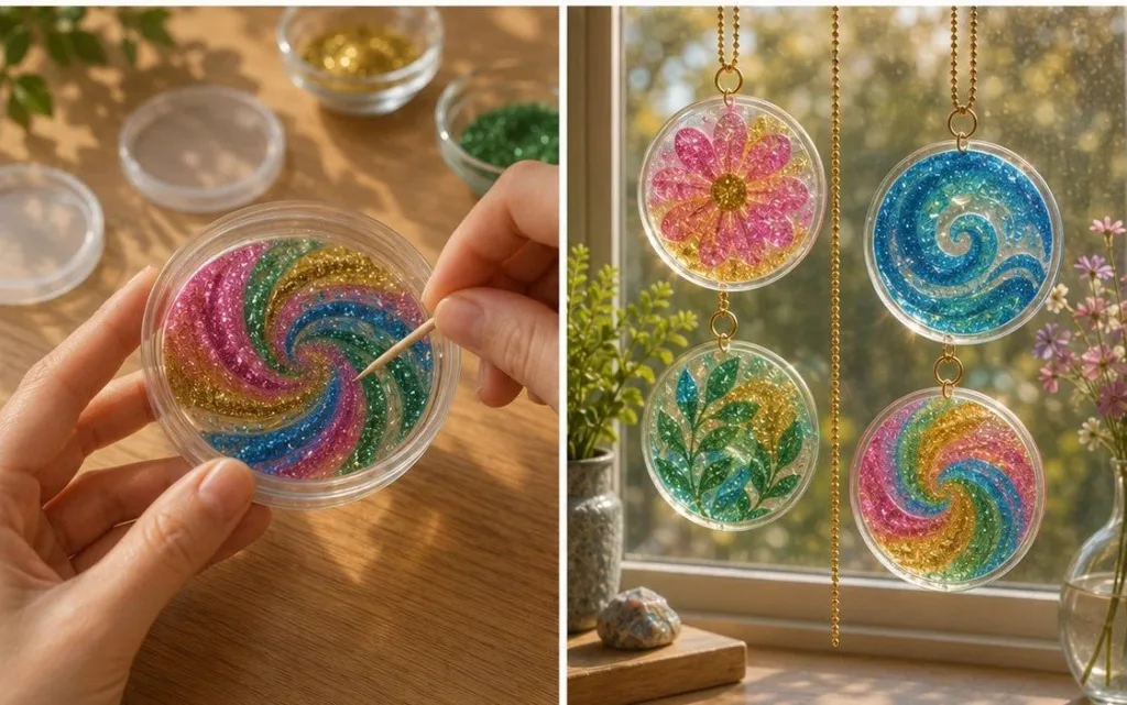 Colorful clear glue suncatcher craft hanging in a sunny window