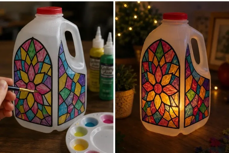 DIY Mosaic Lantern made from a milk jug, colorful and creative home decor