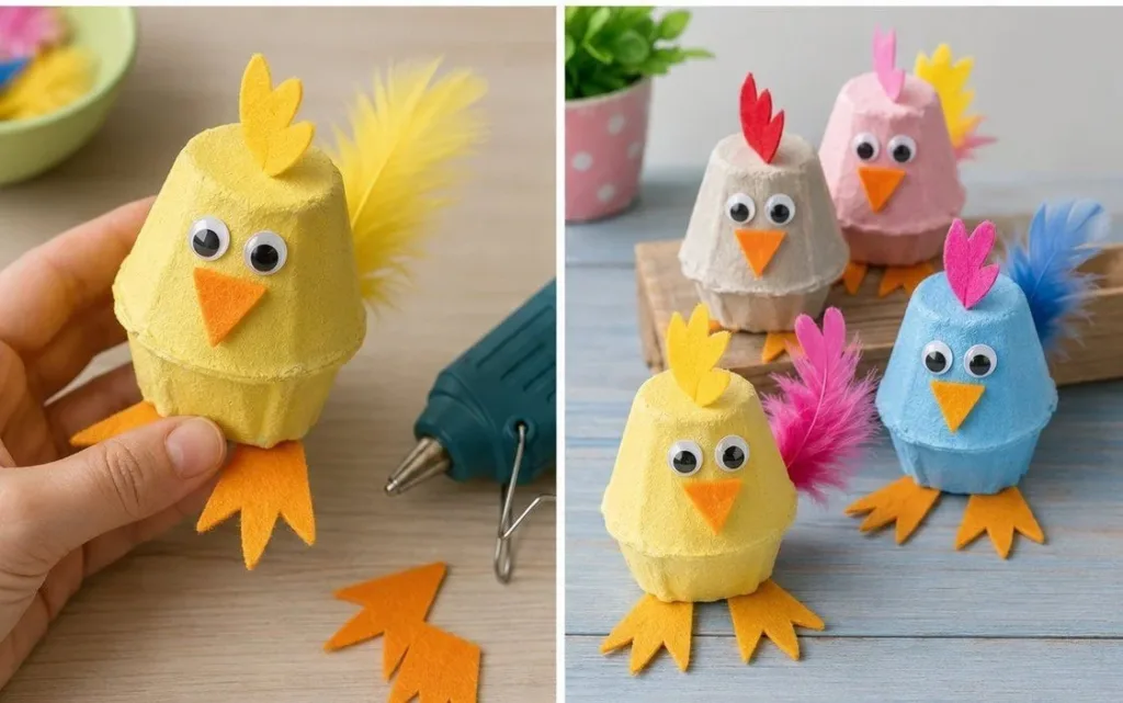 Kids crafting Egg Carton Chicks as a fun DIY craft idea.
