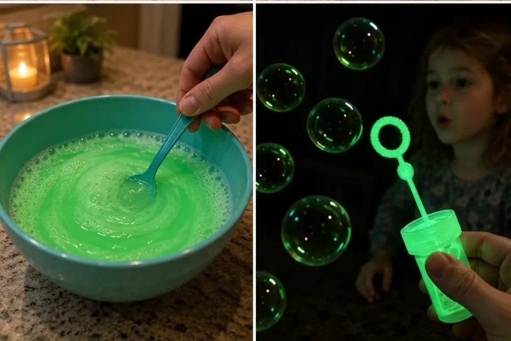 Bottle of glow-in-the-dark bubble solution glowing in the dark