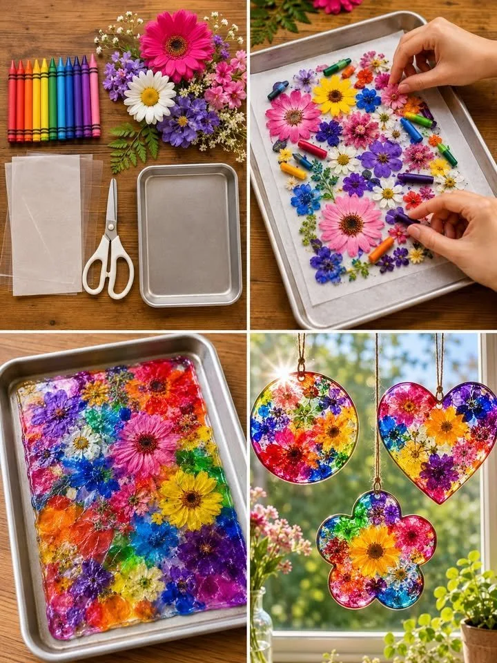 Melted Crayon Flower Suncatchers 4 Melted Crayon Flower Suncatchers