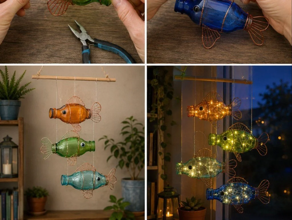 Artwork of glowing fish made from repurposed old glass bottles