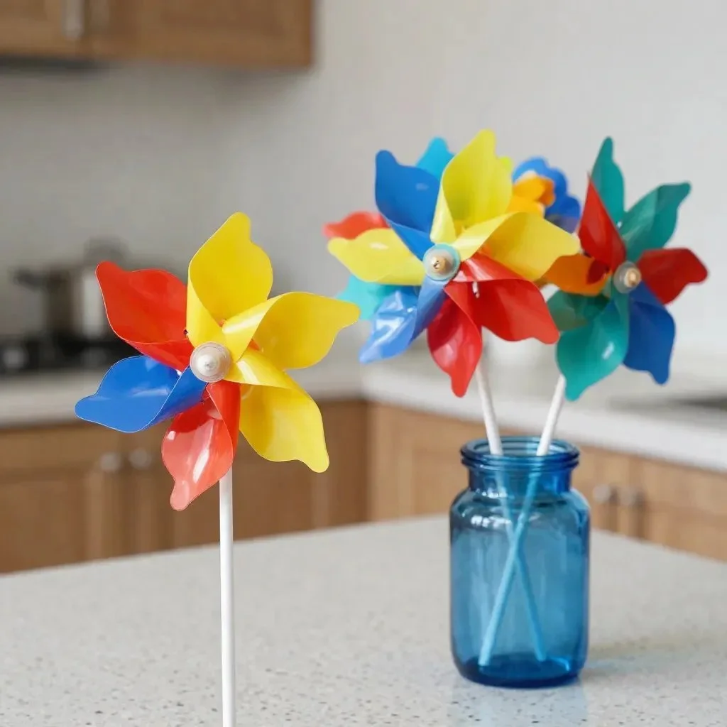 Colorful pinwheel flower garden stake adding charm to outdoor spaces