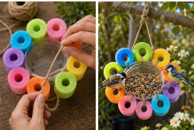 Cozy pool noodle bird feeder attracting various birds in a garden.