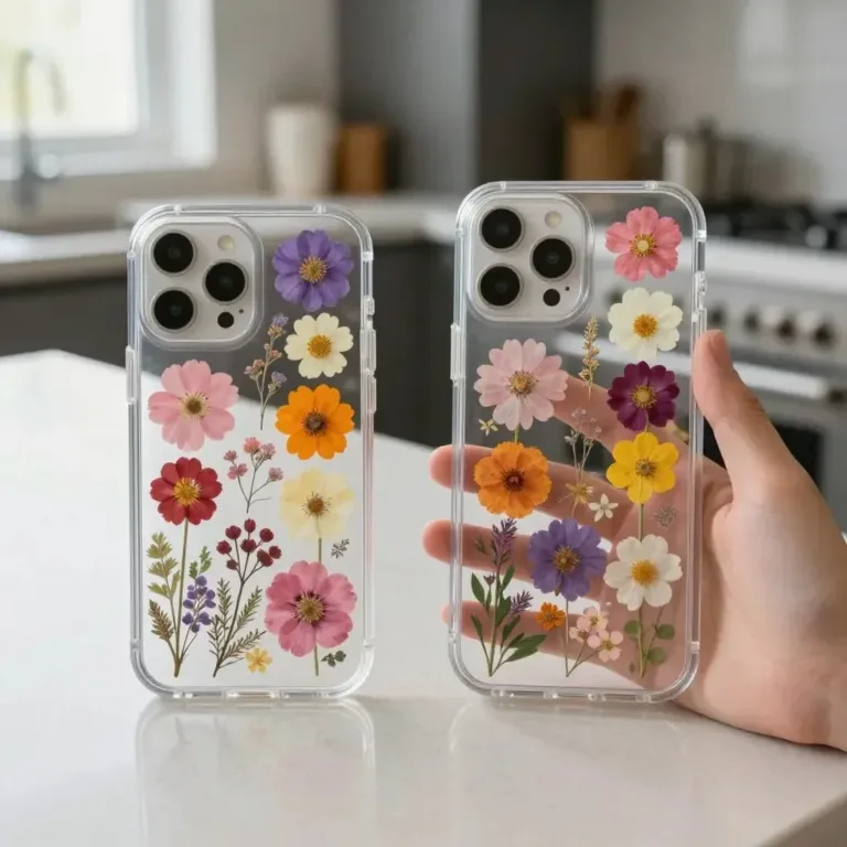 Pressed petal phone case featuring floral design for stylish protection